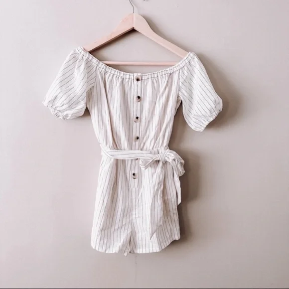 revolve l’academie white stoped off shoulder romper with tie waist - Picture 6 of 8